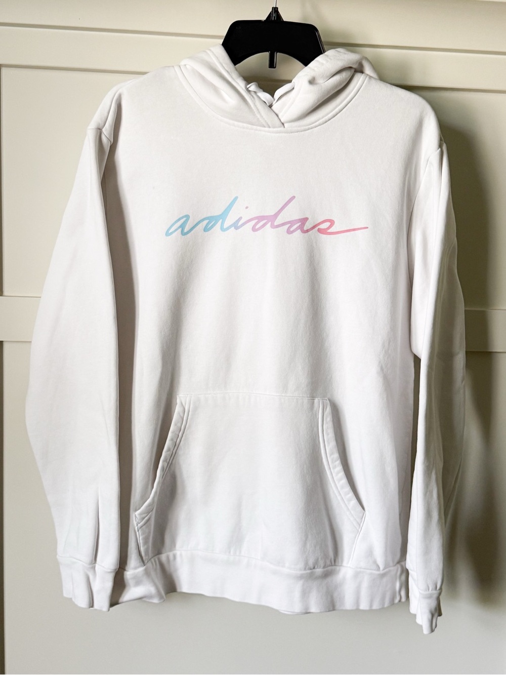 adidas White Script Logo Hoodie Pastel Graphic Fleece Pullover Women's XL